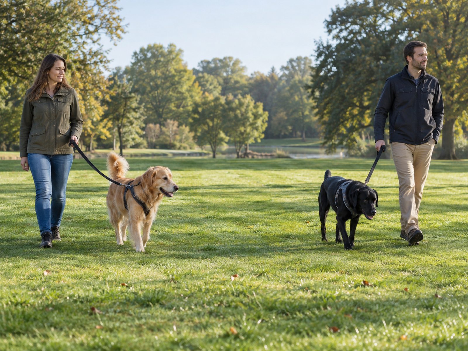 Two adults walking a Golden Retriever and a black Labrador on separate loose leads across a grassy park
