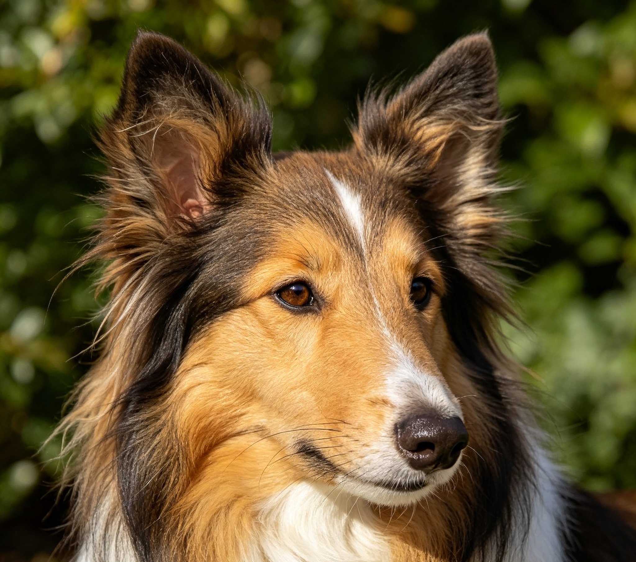Adult Shetland Sheepdog sitting alertly, showing the full mane, fringed ears, and sable coat