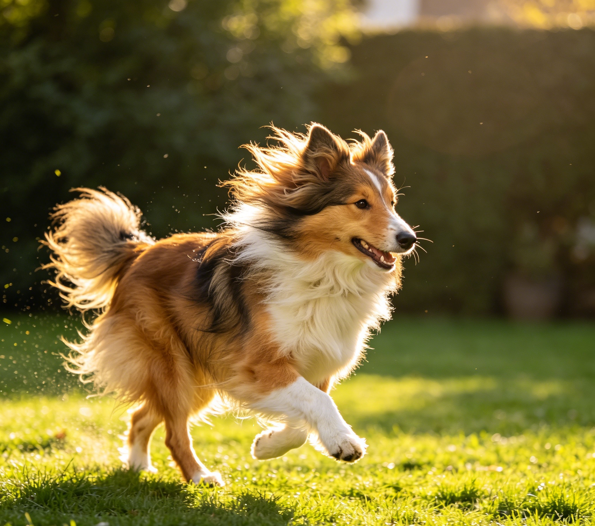 Shetland Sheepdog running across a lawn with its coat flowing and ears pricked