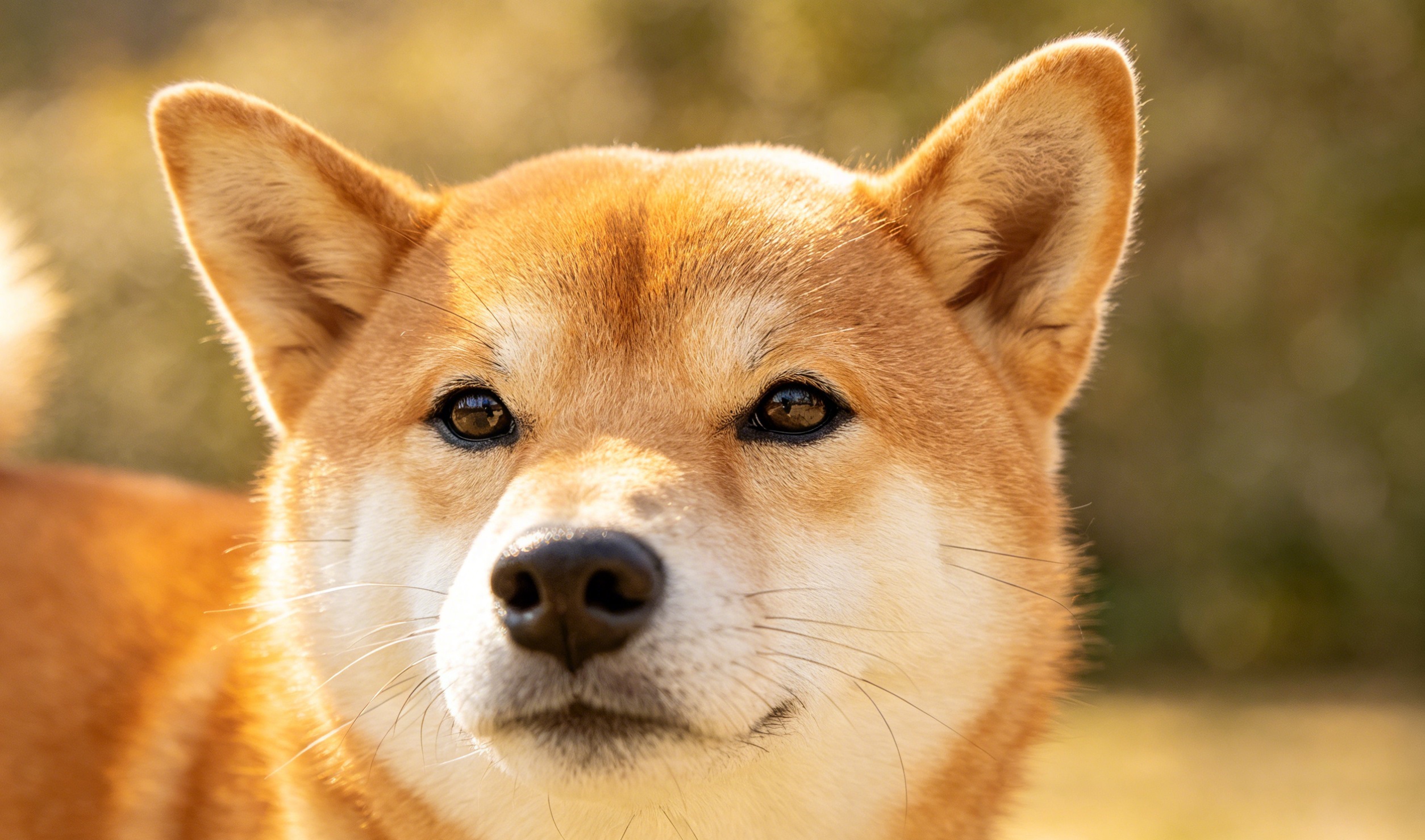 Adult Shiba Inu with a fox-like red coat, sharp upright ears, curled tail, and an alert, confident expression