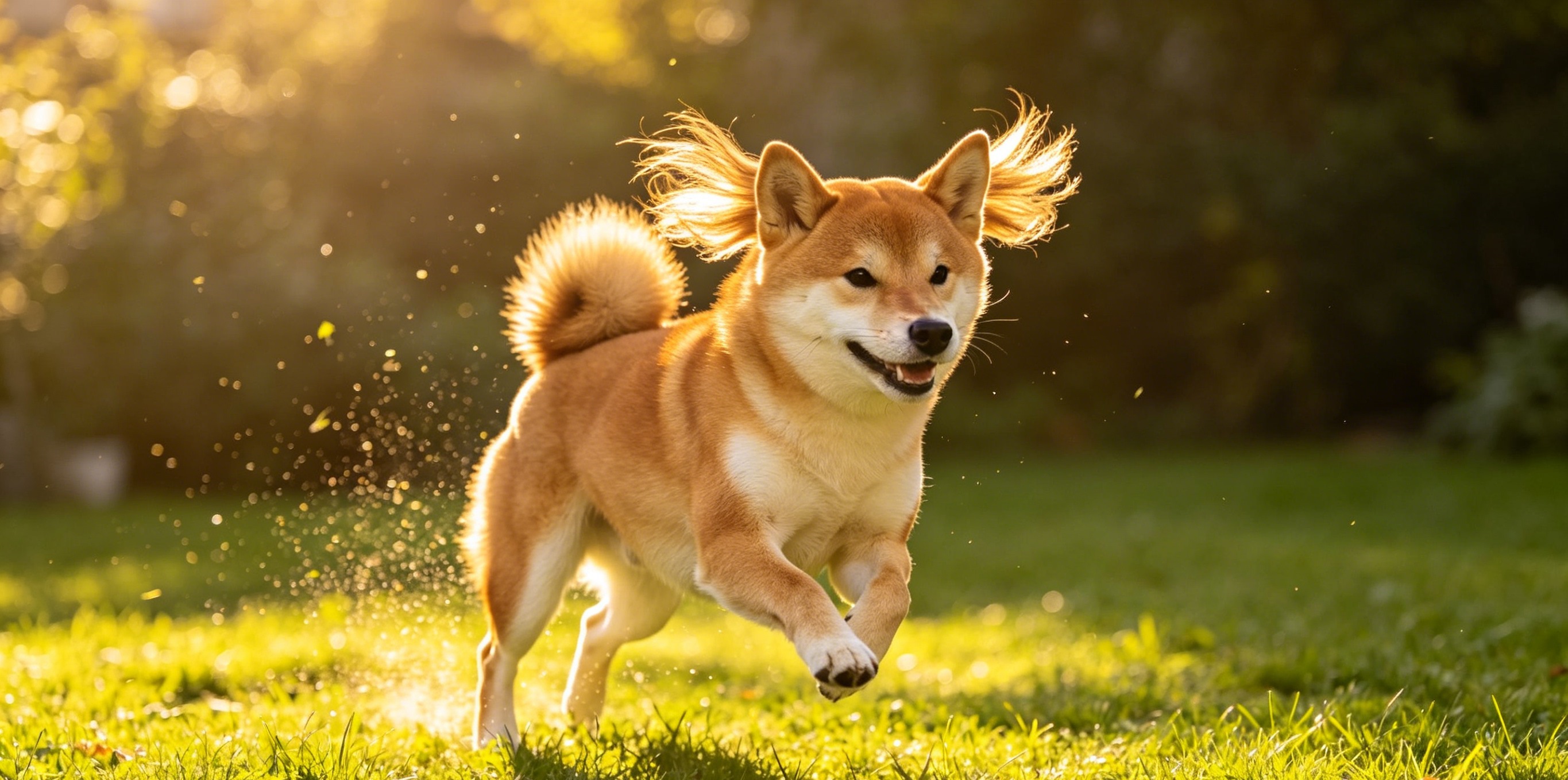 Shiba Inu trotting confidently outdoors, curled tail up and ears forward, surveying its surroundings