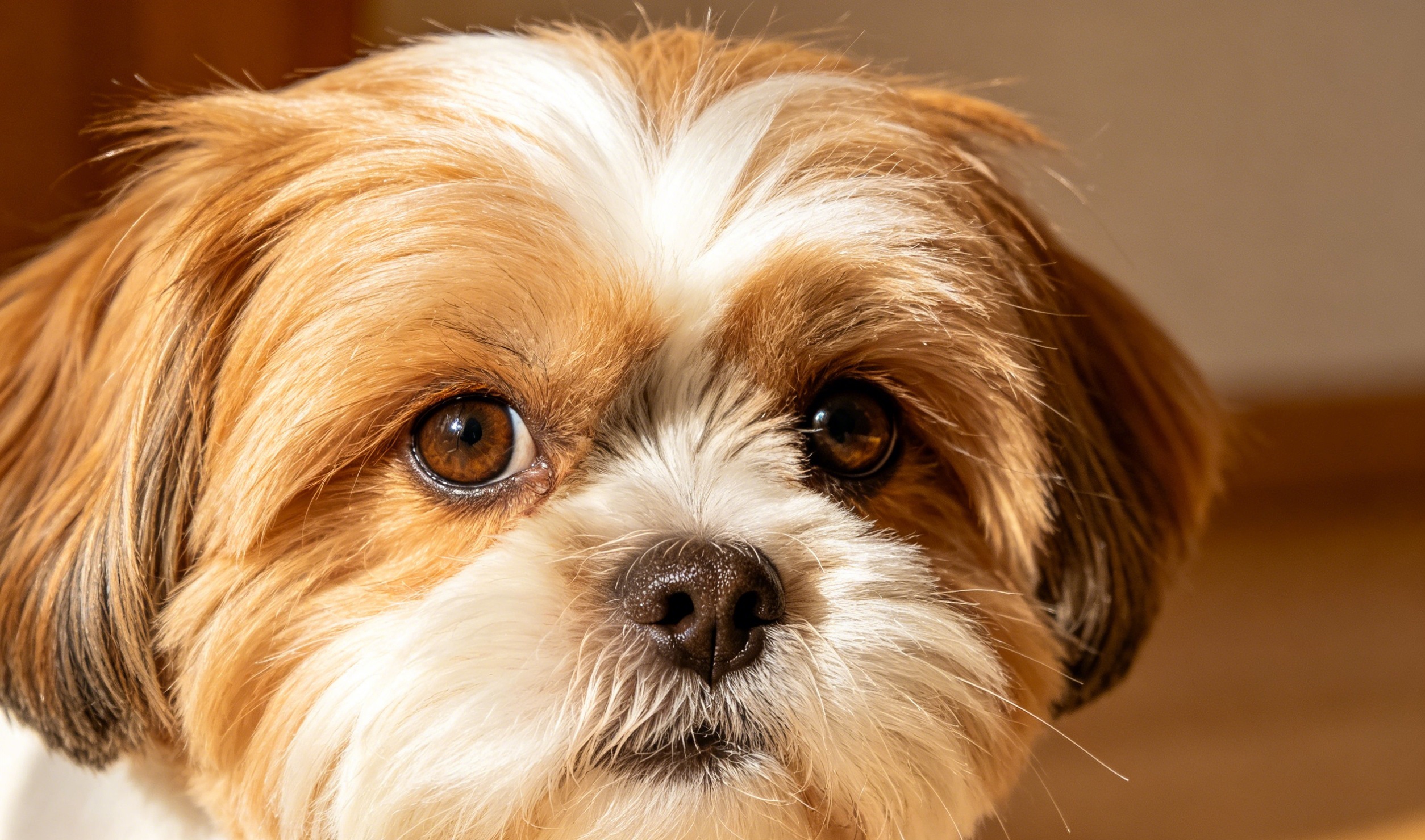 Shih Tzu with a long flowing coat and a flat, friendly face
