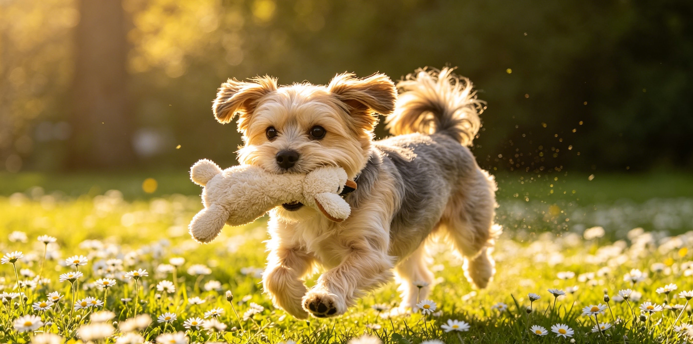 Shih Tzu in a short puppy cut playing happily outdoors