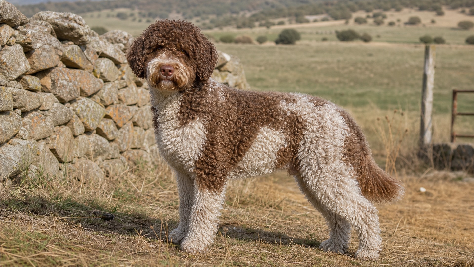 Adult Spanish Water Dog with a corded woolly coat standing alert in a rural setting