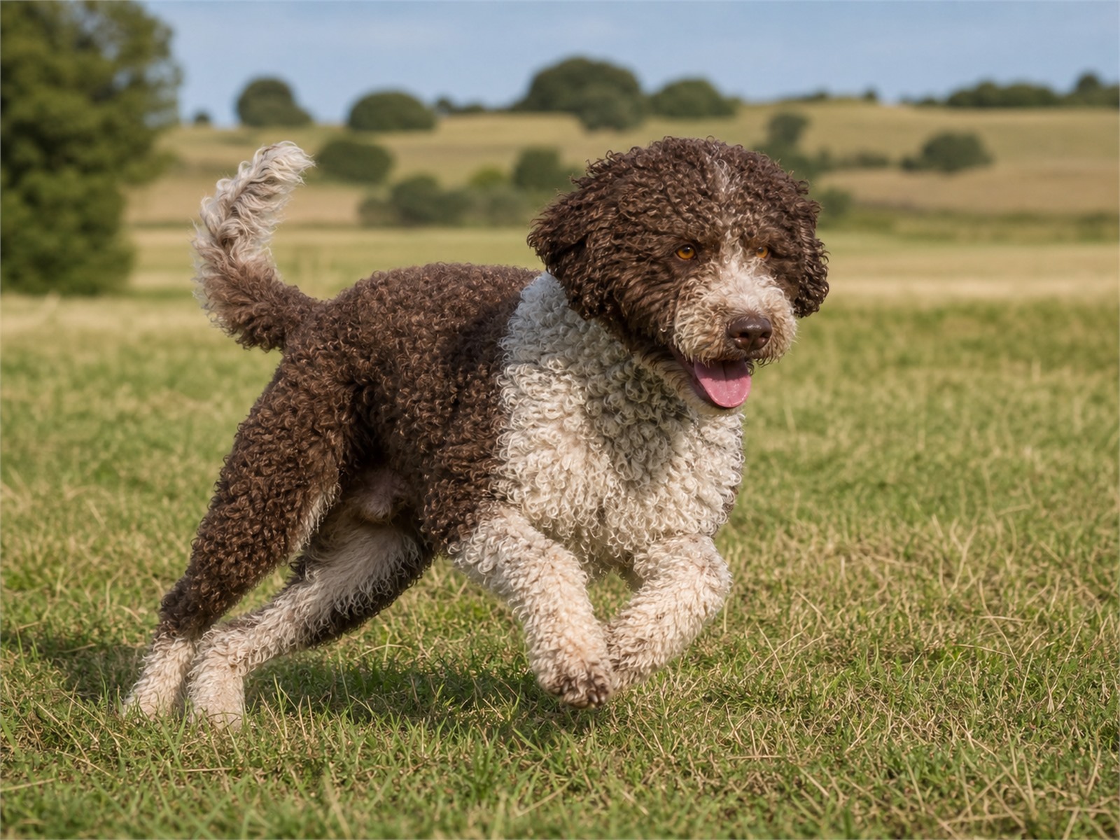 Spanish Water Dog with a woolly corded coat running across a rural field