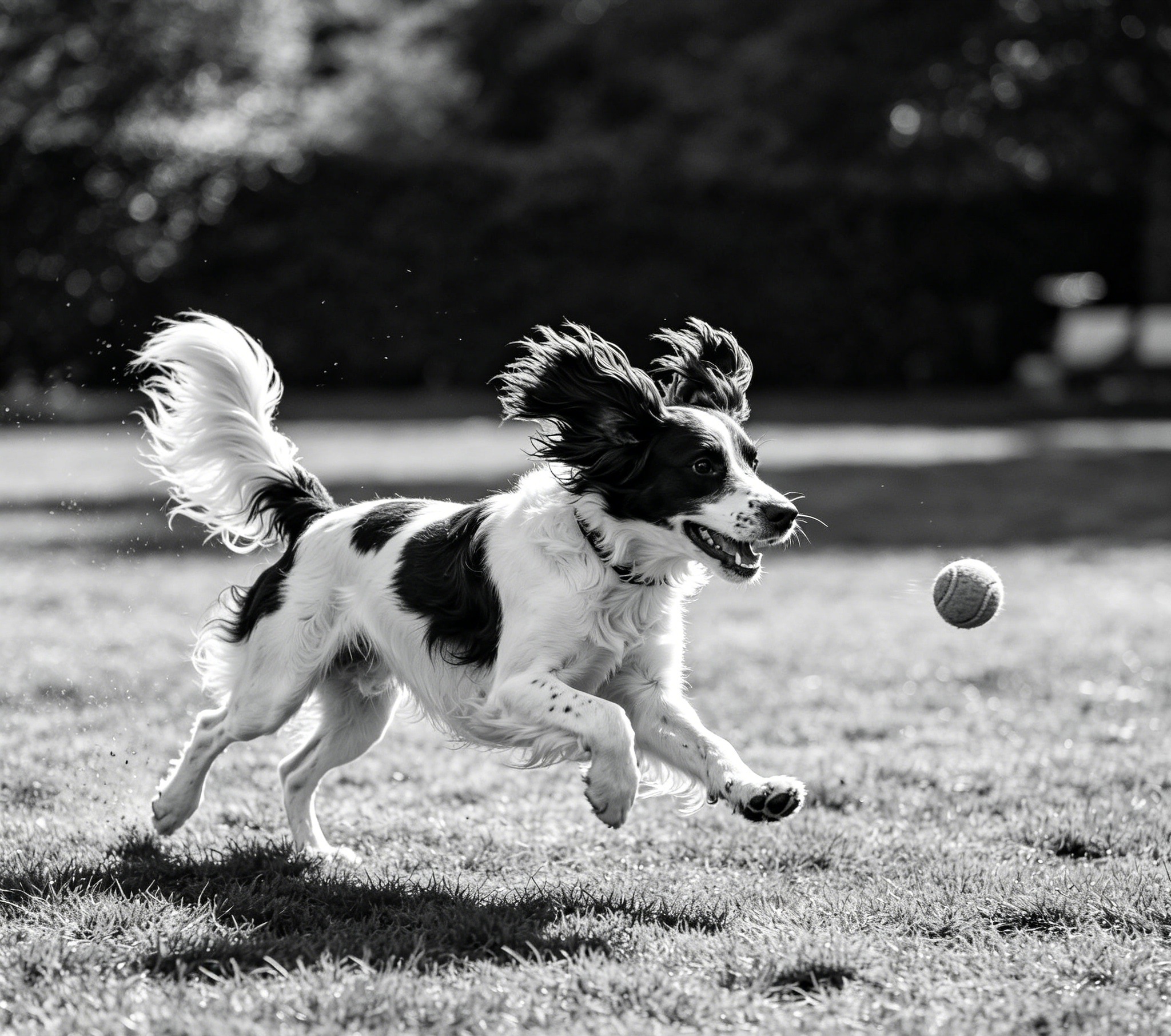 English Springer Spaniel mid-stride outdoors, ears flying, clearly enjoying the chase