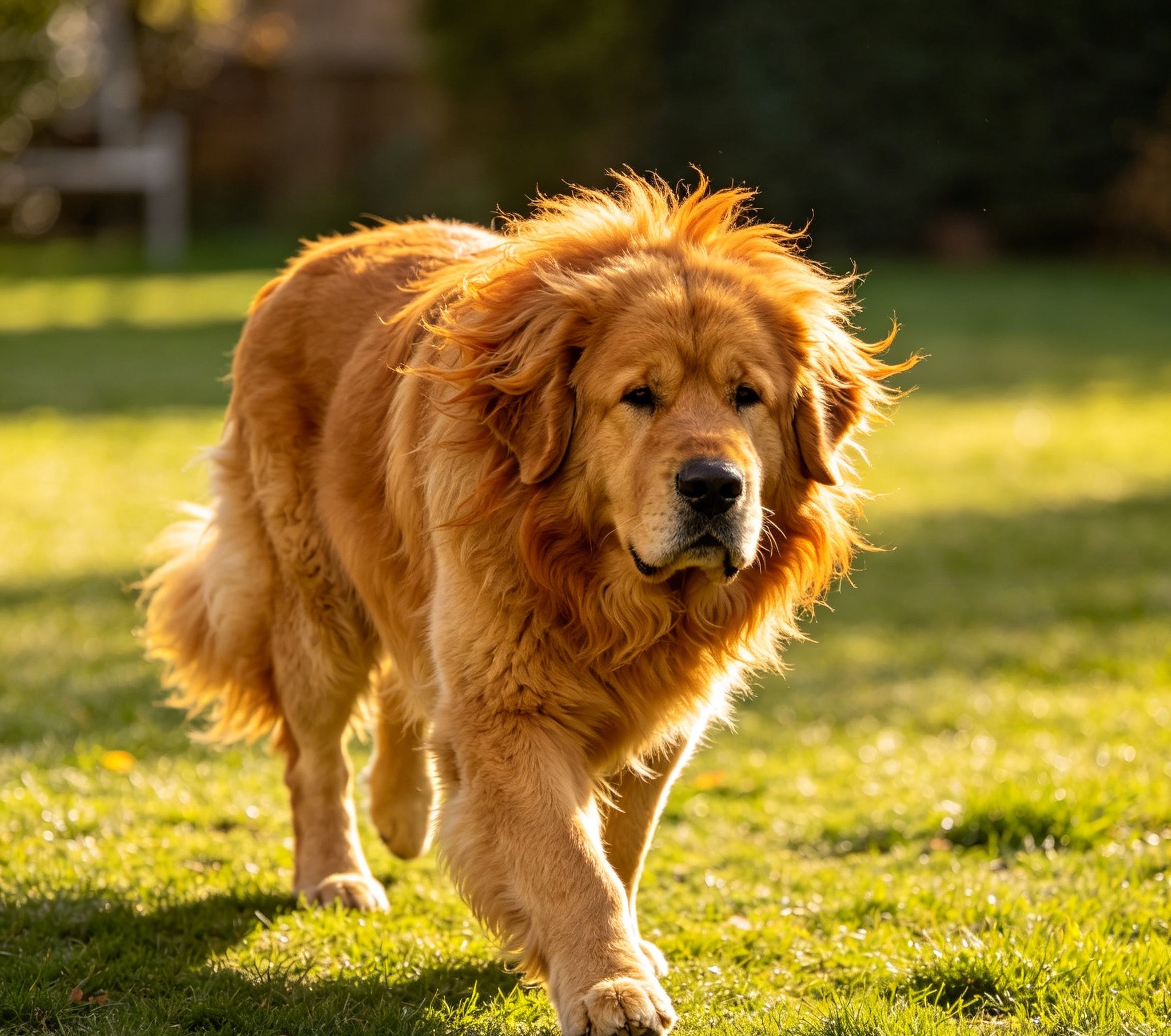 Tibetan Mastiff patrolling a snowy yard, full coat and mane on display