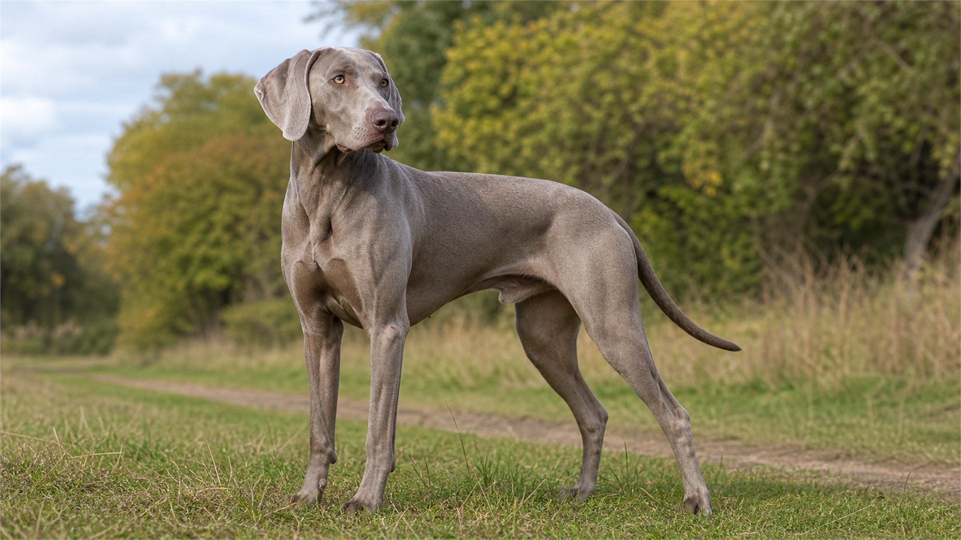 Adult Weimaraner with a sleek silver-gray coat and amber eyes standing alertly outdoors
