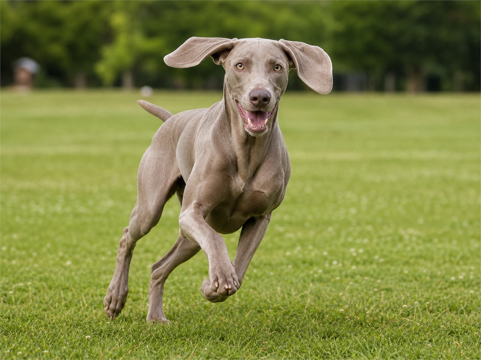 Weimaraner running at full stride showing its athletic, muscular build