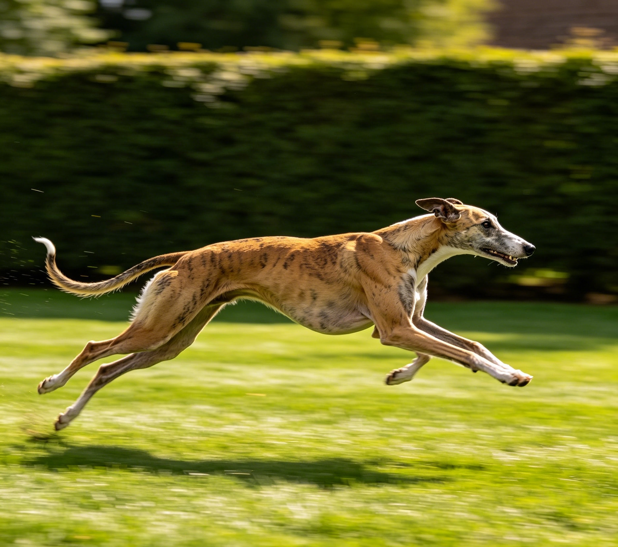 Whippet at a full gallop in a fenced field, body fully extended in mid-stride