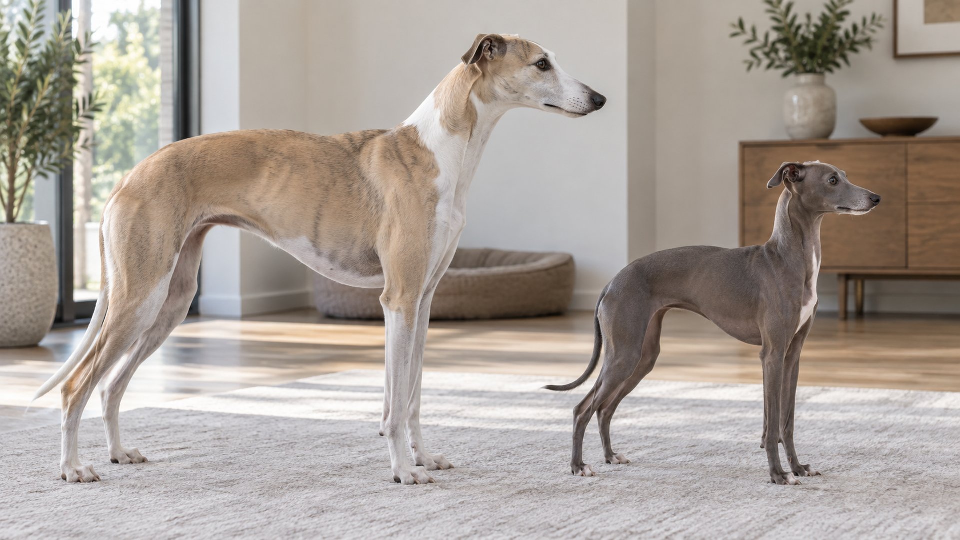 Fawn-and-white adult Whippet beside a smaller blue-gray Italian Greyhound on a living-room rug