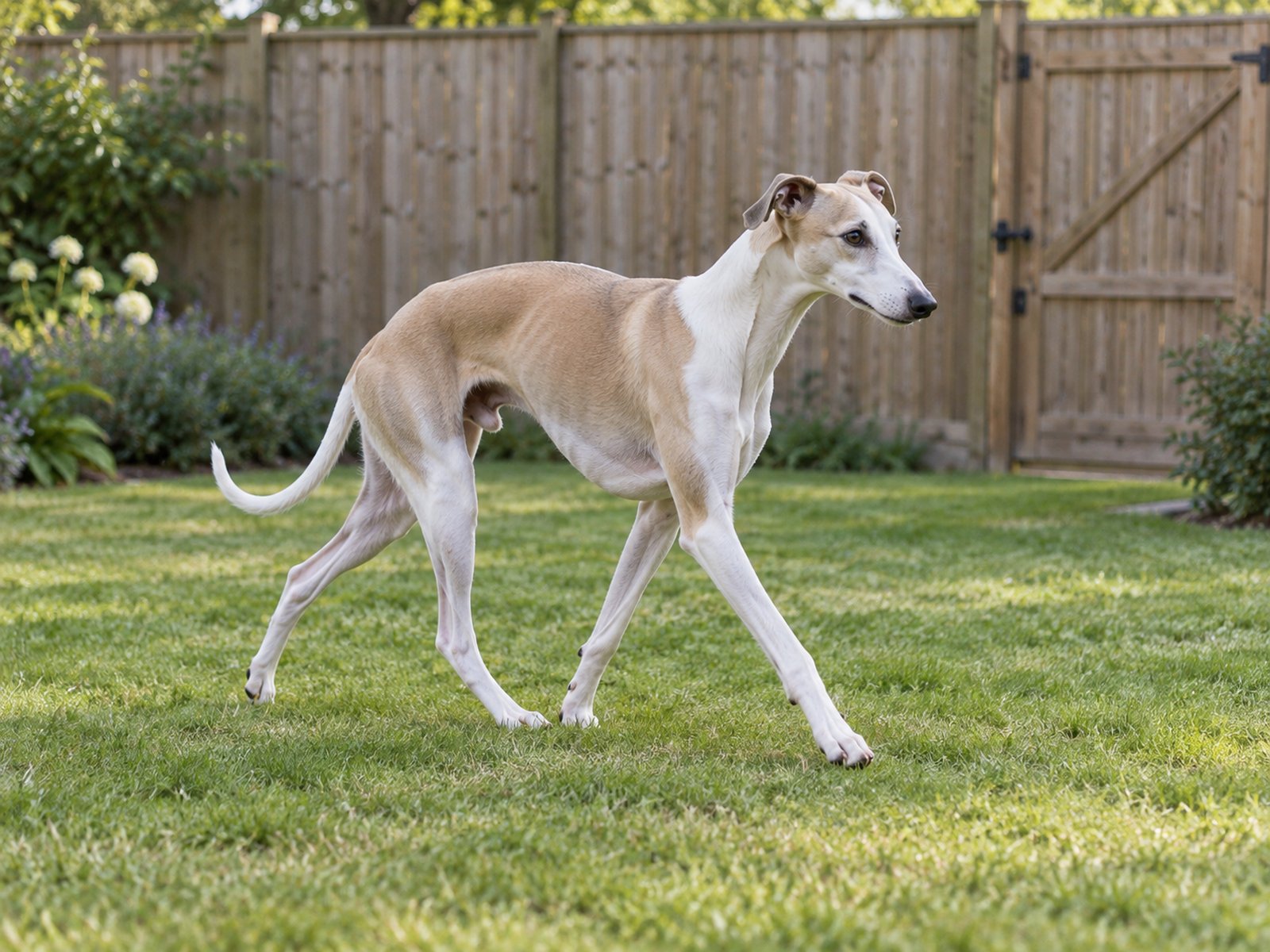 Fawn-and-white Whippet trotting across grass inside a garden with a wooden fence and closed gate