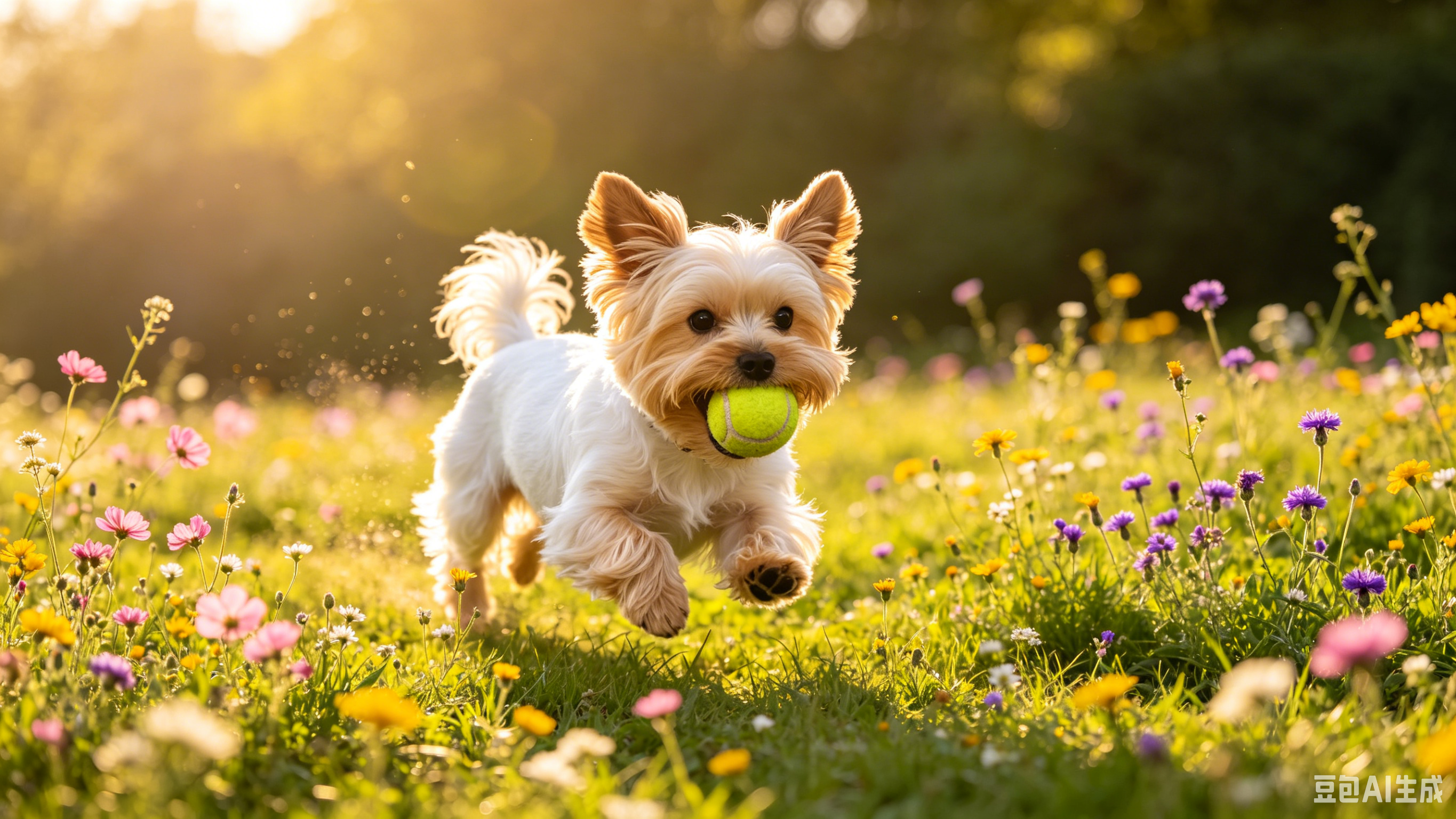 Yorkie playing happily outdoors